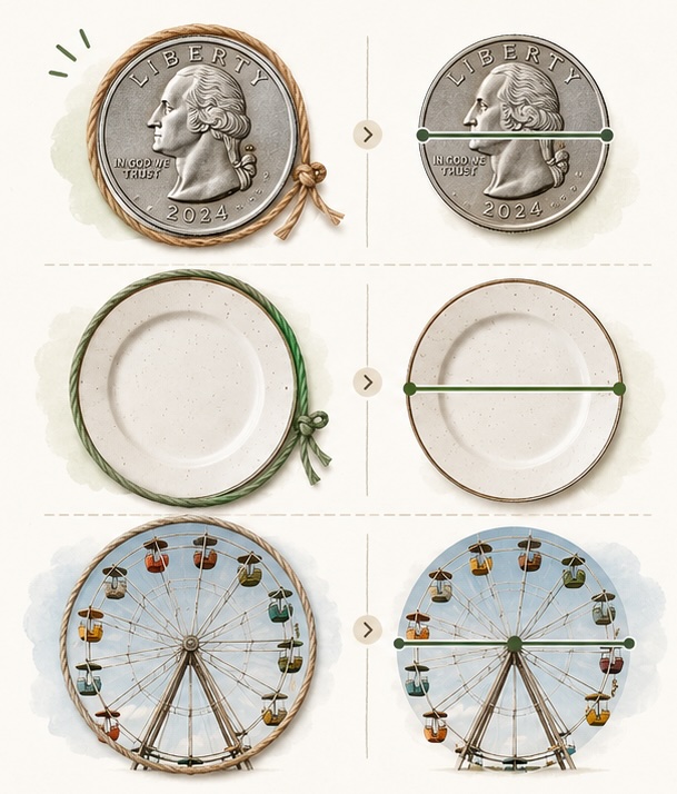Three objects at different sizes — a quarter, a dinner plate, and a Ferris wheel — each shown wrapped with string to indicate the distance around, paired with a measurement of the distance straight across. An arrow between each pair indicates the comparison.